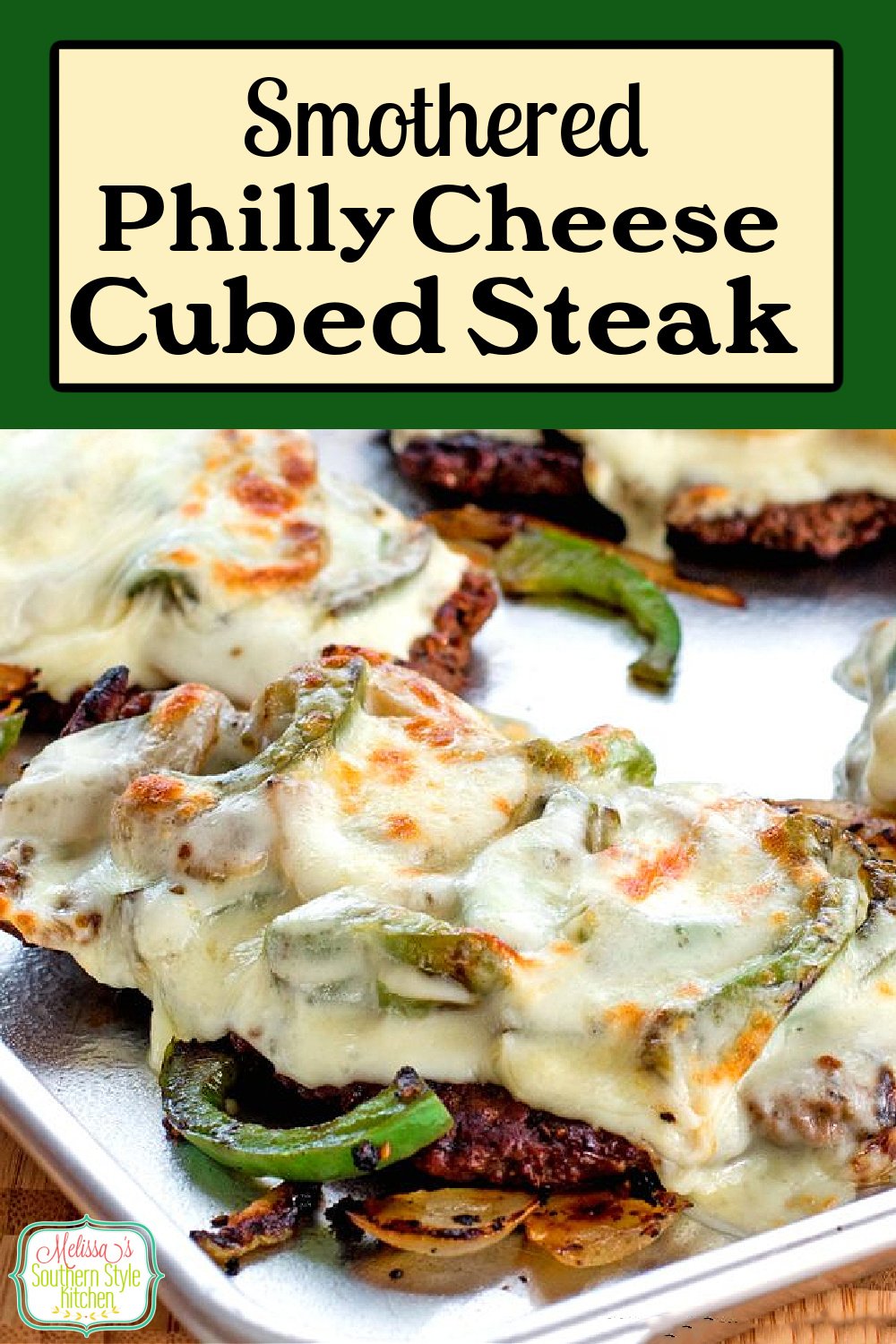 Gooey Smothered Philly Cheese Cubed Steak topped with sweet onions, bell peppers and melted cheese #cheesesteaks #cubesteak #phillycheesesteak #lowcarbrecipes #lowcarb #beef #easyrecipes #southernrecipes via @melissasssk