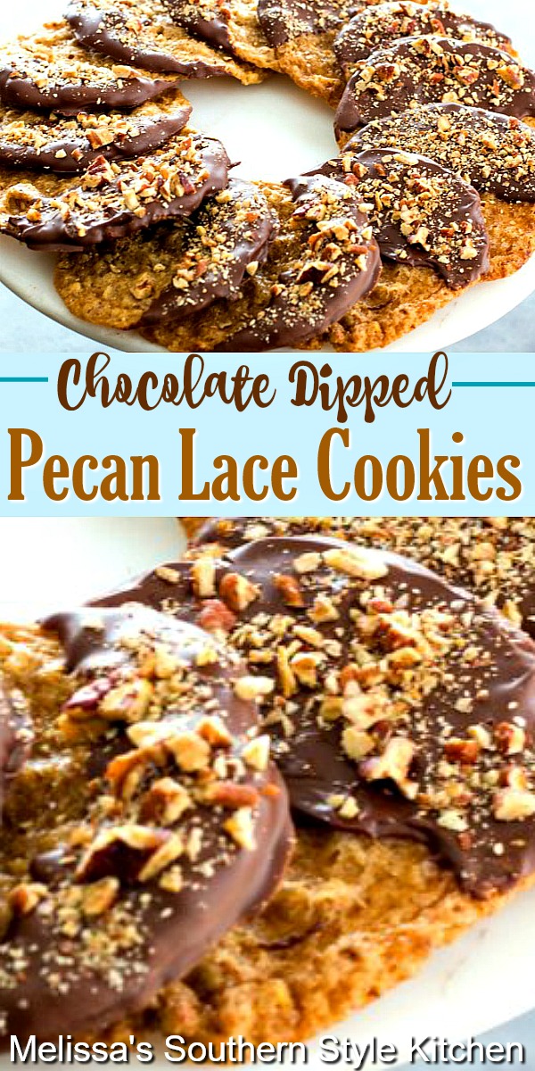 Insanely delicious Chocolate Dipped Pecan Lace Cookies #lacecookies #pecancookies #chocolate #chocolatedippedcookies #cookierecipes #holidaybaking #holidays #pecans #desserts #dessertfoodrecipes #southernfood #southernrecipes