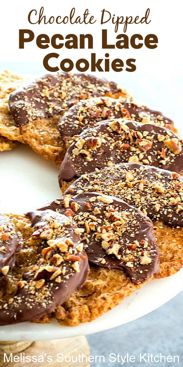Insanely delicious Chocolate Dipped Pecan Lace Cookies #lacecookies #pecancookies #chocolate #chocolatedippedcookies #cookierecipes #holidaybaking #holidays #pecans #desserts #dessertfoodrecipes #southernfood #southernrecipes