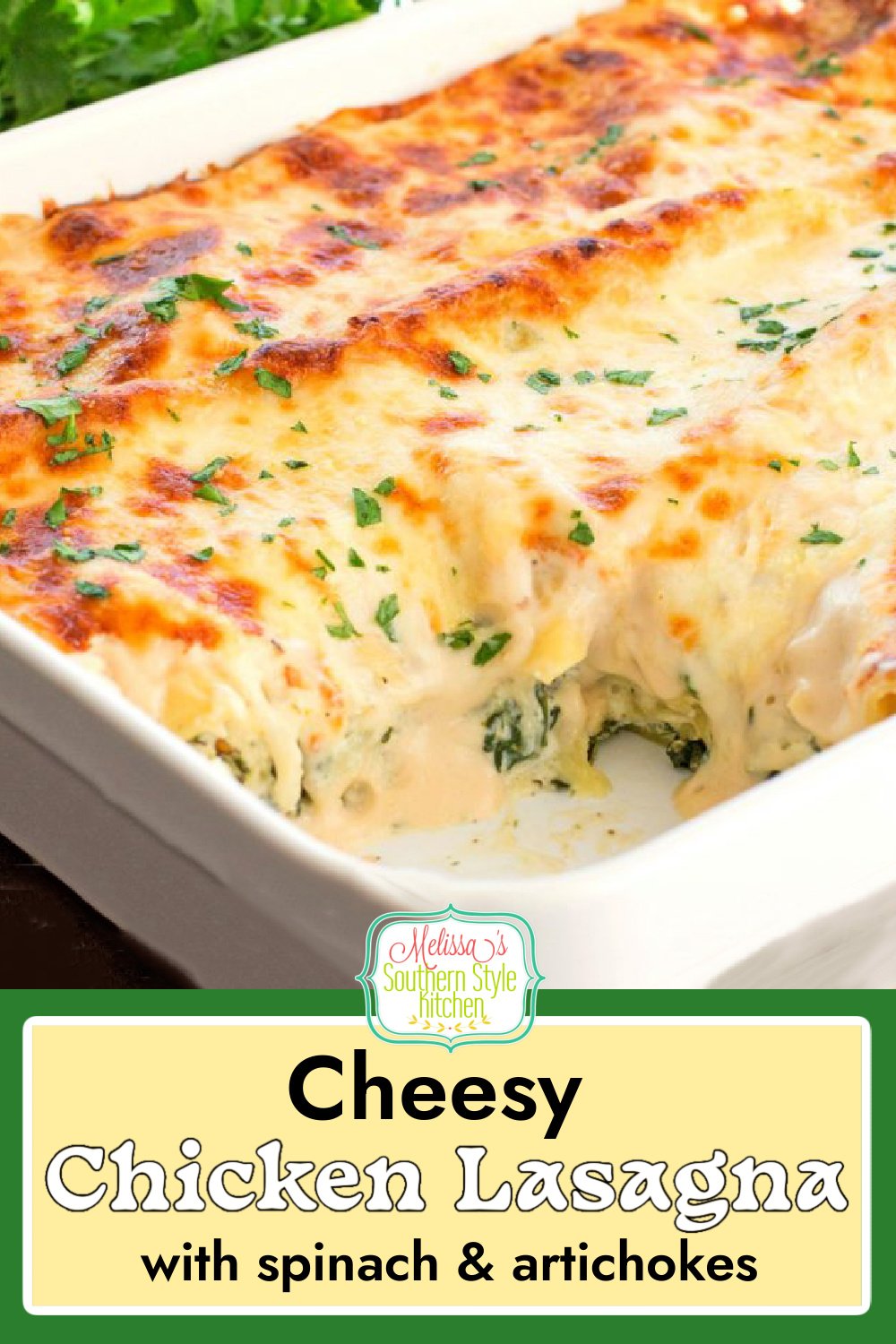 The same flavors you love in spinach artichoke dip shine in this Cheesy Chicken Spinach Artichoke Lasagna #chickenlasagna #easychickenrecipes #chickenbreastrecipes #chicken #cheesy #lasagna #pastarecipes #spinachdip #artichokes #southernrecipes #dinnerideas via @melissasssk