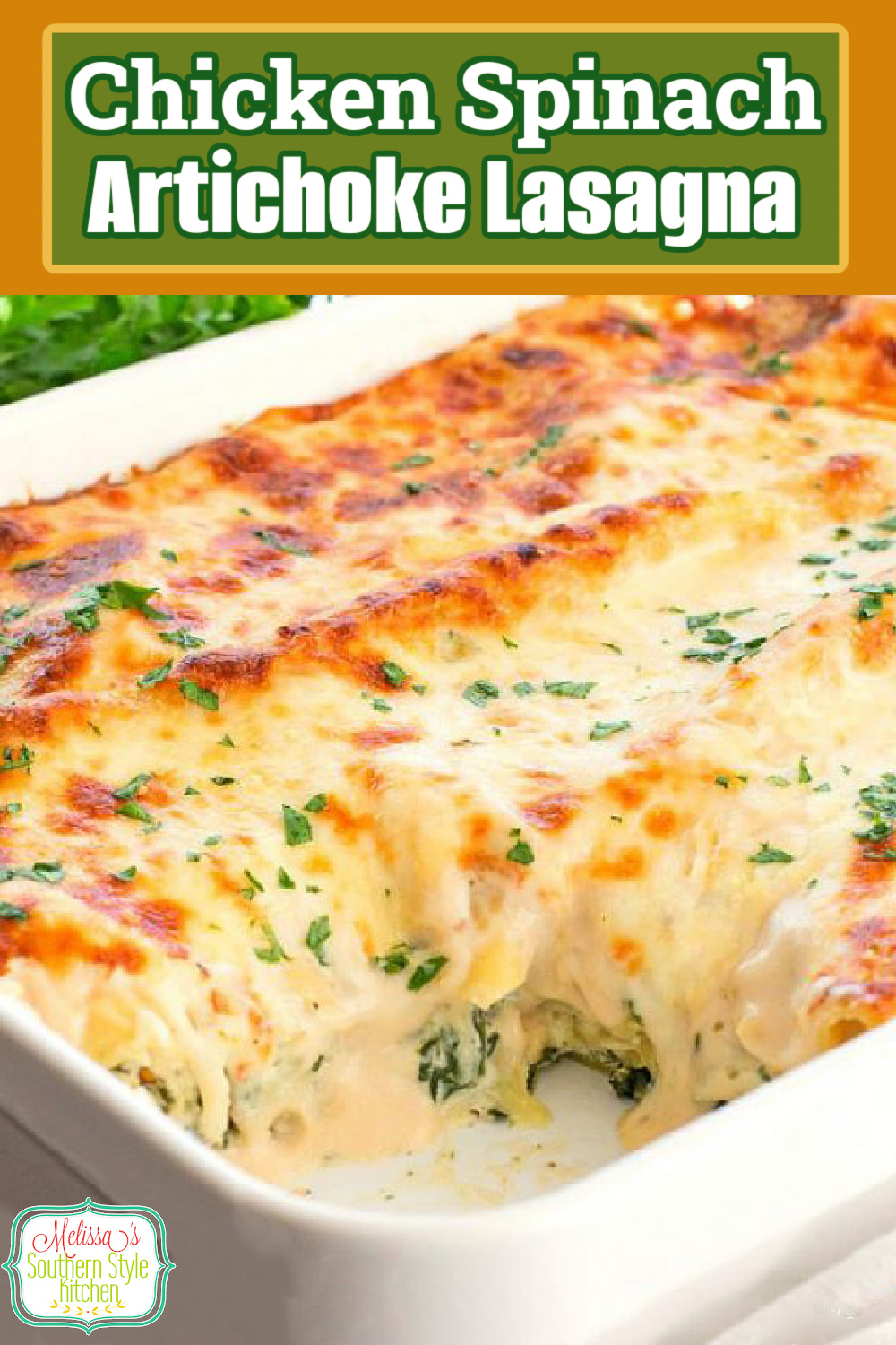 The same flavors you love in spinach artichoke dip shine in this Cheesy Chicken Spinach Artichoke Lasagna #chickenlasagna #easychickenrecipes #chickenbreastrecipes #chicken #cheesy #lasagna #pastarecipes #spinachdip #artichokes #southernrecipes #dinnerideas