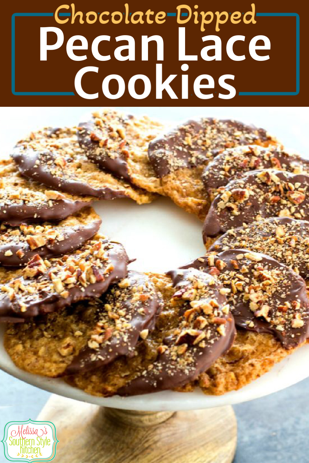 Insanely delicious Chocolate Dipped Pecan Lace Cookies #lacecookies #pecancookies #chocolate #chocolatedippedcookies #cookierecipes #holidaybaking #holidays #pecans #desserts #dessertfoodrecipes #southernfood #southernrecipes via @melissasssk