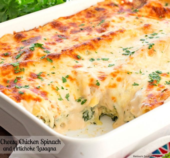 Cheesy Chicken Spinach and Artichoke Lasagna