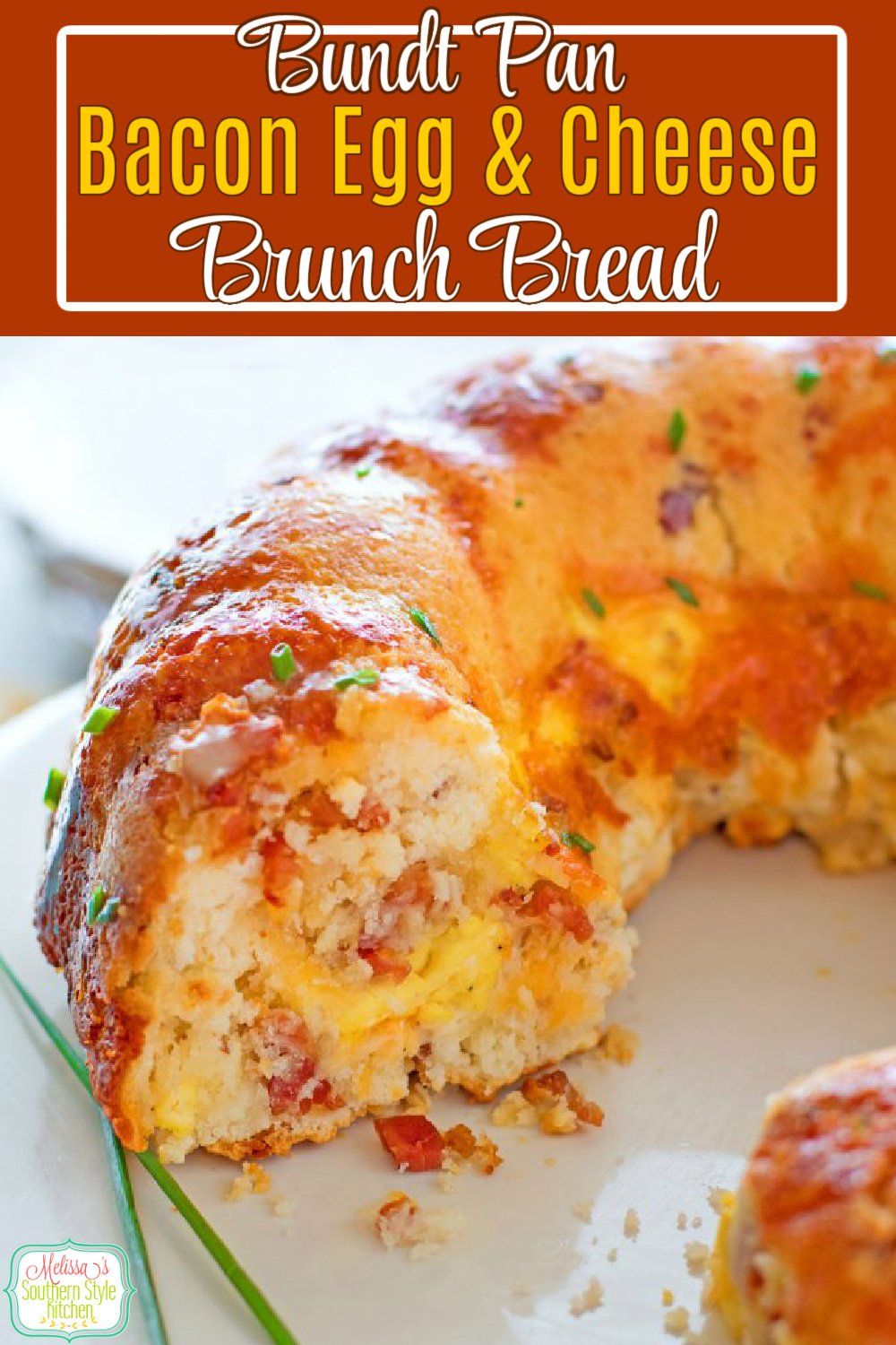Bundt Pan Bacon Egg and Cheese Brunch Bread is a delicious start to ANY day #brunchbread #baconeggandcheese #cheesebread #bacon #bundtpan #buntpanbread #breadrecipes #biscuits #breakfast #eggs #southernfood #southernrecipes #holidaybrunch #holidayrecipes #buttermilkbiscuits