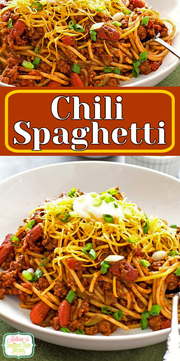 Add this kickin' Chili Spaghetti to your dinner menu #chilispaghetti #pasta #spaghetti #easyrecipes #dinnerideas #dinner #chilirecipes #chili #partyfood #southernreipes #southernfood #melisassouthernstylekitchen via @melissasssk