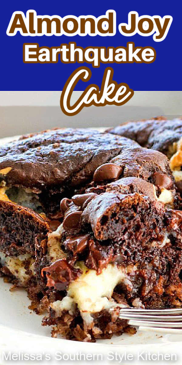This Almond Joy Earthquake Cake is fun to make and eat! #almondjoycake #earthquakecake #almondjoycandy #coconut #chocolatecakes #cakes #cakerecipes #almondjoy #desserts #dessertfoodrecipes #southernrecipes #southernfood #holidaybaking #sheetcakes