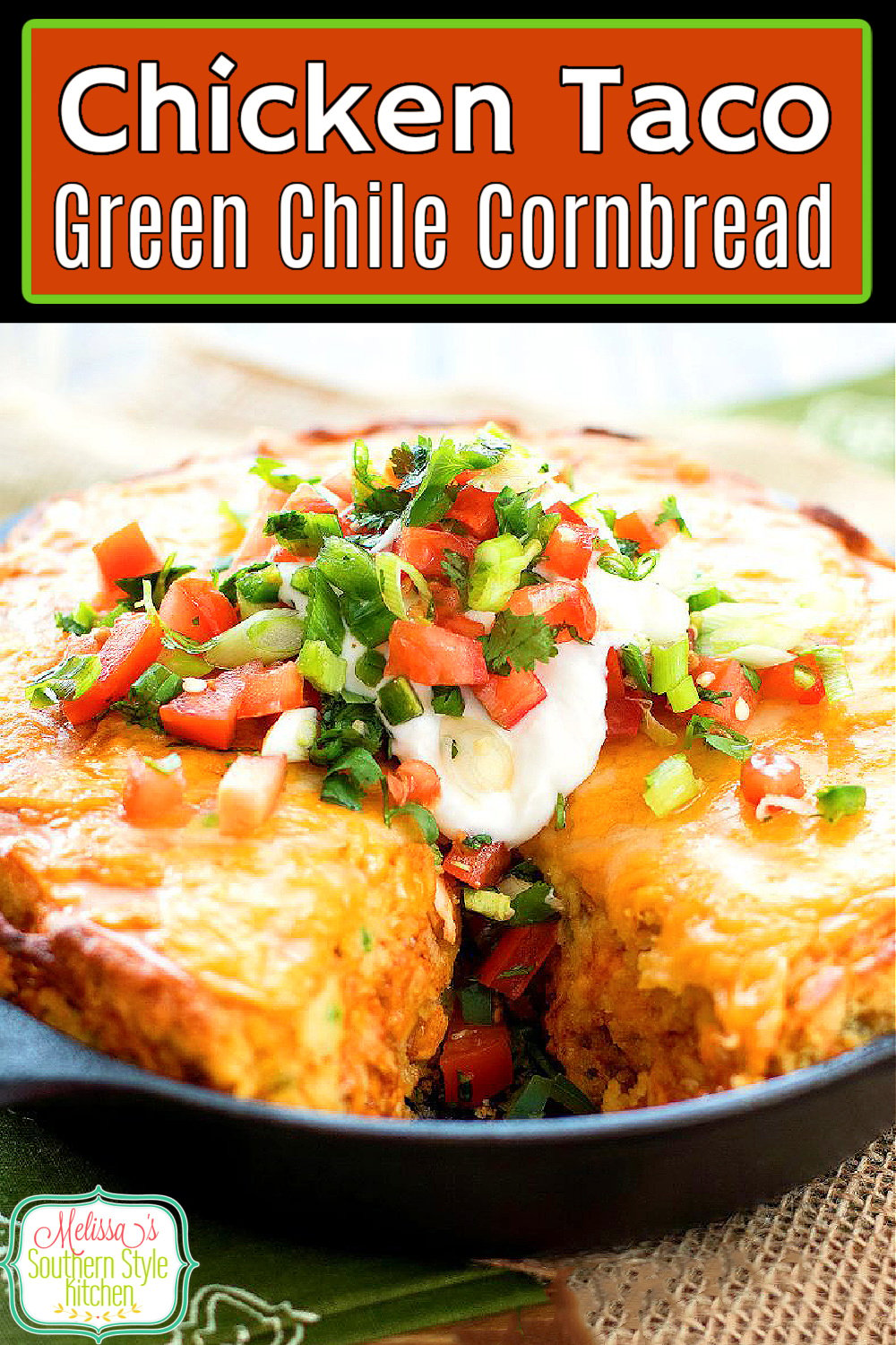 Top this Chicken Taco Green Chile Cornbread with your favorite fixins' and it's a complete meal #chickentacos #cornbreadrecipes #chickentacocornbread #tacos #southerncornbread #dinnerideas #food #dinner #soujthernfood #southernrecipes #greenchilecornbread via @melissasssk