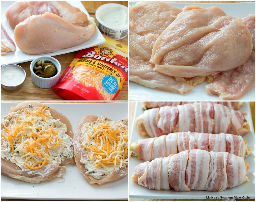 Step-by-step preparation images and ingredients for cheese stuffed chicken