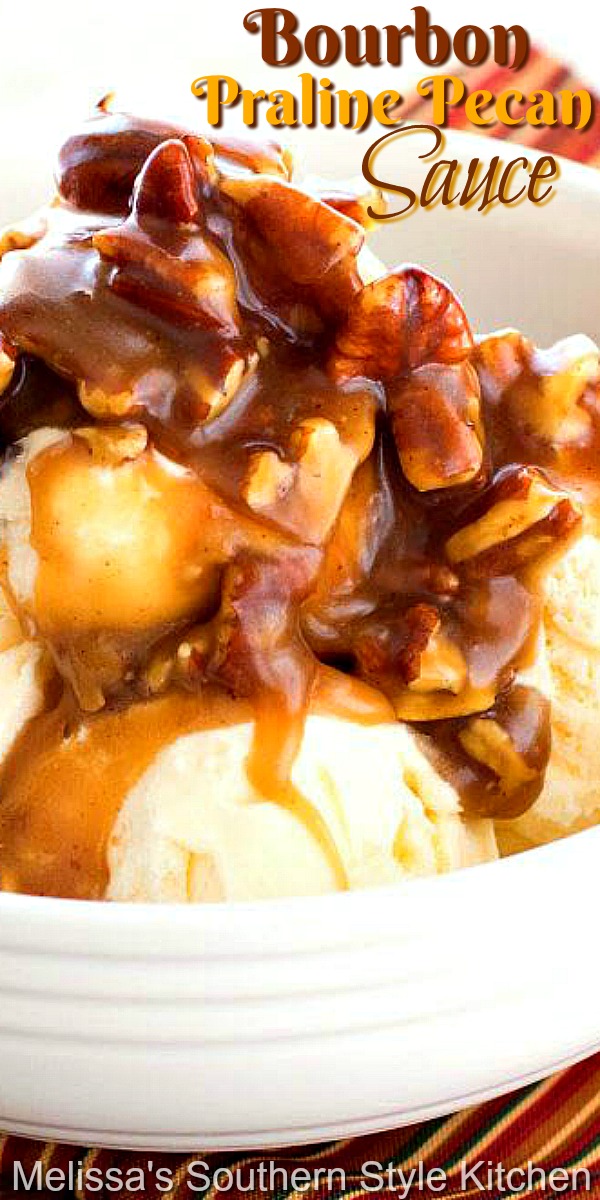 Drizzle this insanely delicious Bourbon Praline Pecan Sauce on ice cream, pound cake or use it as a dip with cookies for a dessert fondue #bourbonpralinepecansauce #bourbon #pralinepecans #caramelsauce #bourbonsauce #pecans #southernfood #southernrecipes #desserts #dessertfoodrecipes via @melissasssk