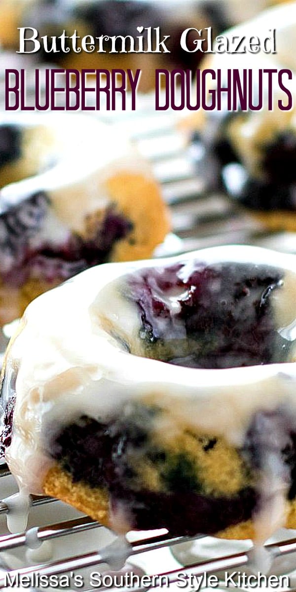 These fruit filled Buttermilk Glazed Blueberry Doughnuts are baked, not fried #blueberrydoughtnuts #blueberries #bakeddonuts #donutrecipes #doughnuts #desserts #dessertfoodrecipes #southernfood #southernrecipes #donuts #brunch #breakfast