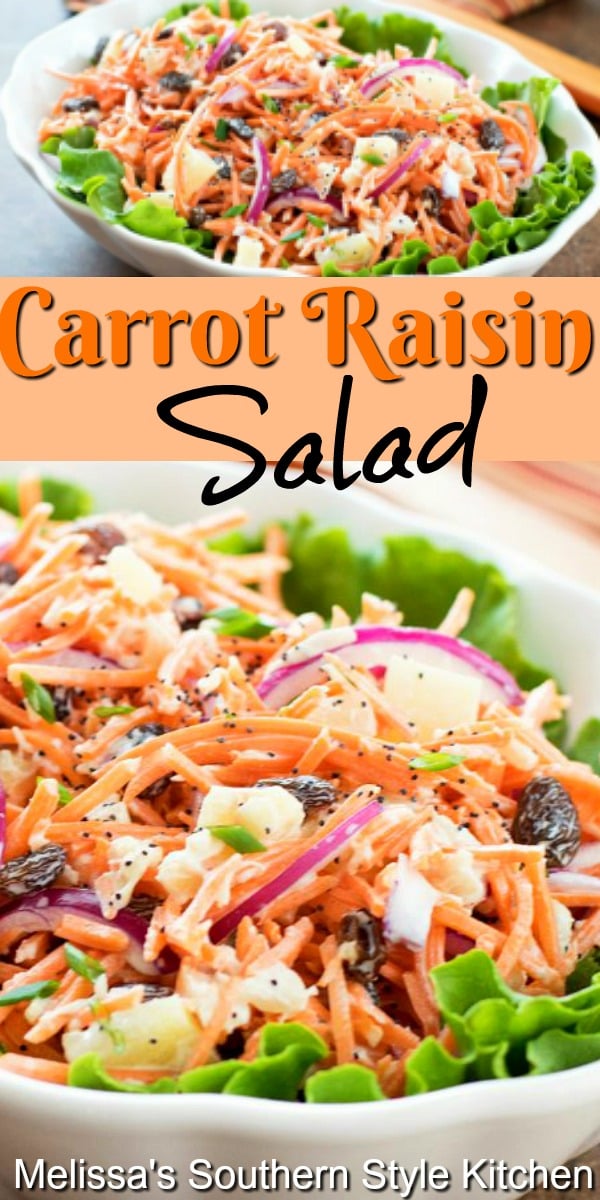 This fresh and flavorful salad is filled with crunch and color, too #carrotsalad #carrots #salads #carrotraisinsalad #saladrecipes #vegetarian #summersalads #sidedishrecipes #sourthernfood #southernrecipes