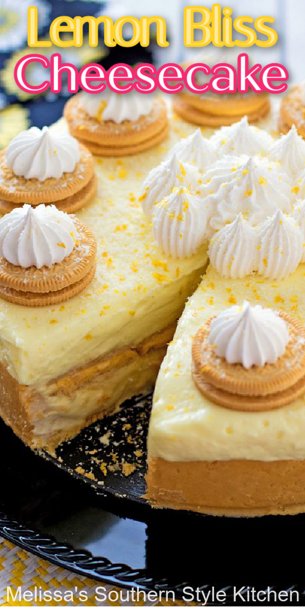 There's a burst of citrus in every bite of this No Bake Lemon Bliss Cheesecake #lemeoncheesecake #lemon #nobakecheesecake #cheesecakerecipes #lemondesserts #nobake #dessertfoodrecipes #desserts #southernfood #southernrecipes