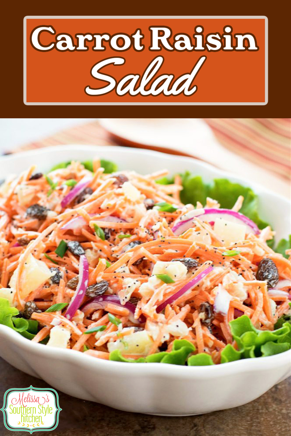 This fresh and flavorful salad is filled with crunch and color, too #carrotsalad #carrots #salads #carrotraisinsalad #saladrecipes #vegetarian #summersalads #sidedishrecipes #sourthernfood #southernrecipes