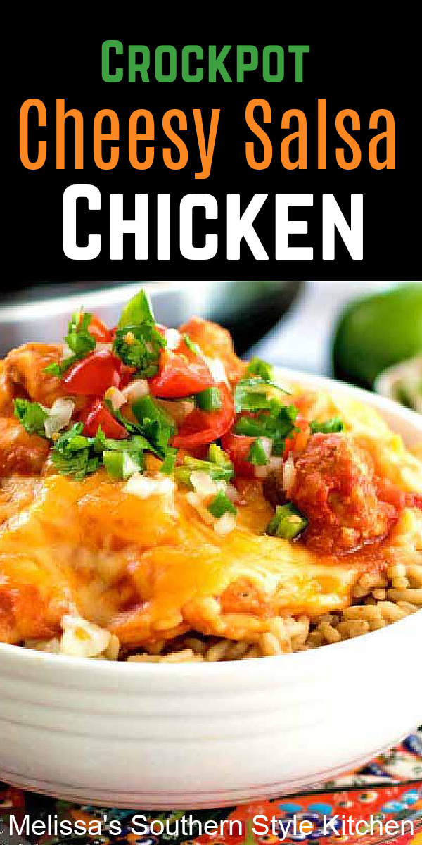 Family-style dining doesn't come any simpler than this delicious Crockpot Cheesy Salsa Chicken served with rice or tortillas #salsachicken #crockpotchicken #salsachicken #easychickenrecipes #crockpotchicken #slowcookerchicken #chickenrecipes #mexicanchicken