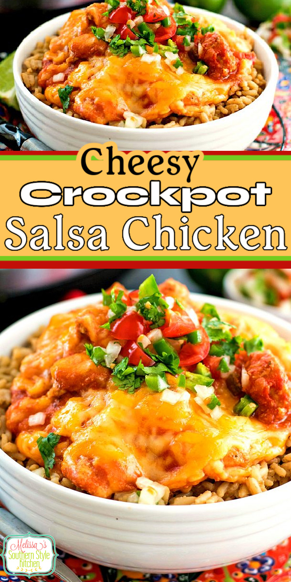 Family-style dining doesn't come any simpler than this delicious Crockpot Cheesy Salsa Chicken served with rice or tortillas #salsachicken #crockpotchicken #salsachicken #easychickenrecipes #crockpotchicken #slowcookerchicken #chickenrecipes #mexicanchicken