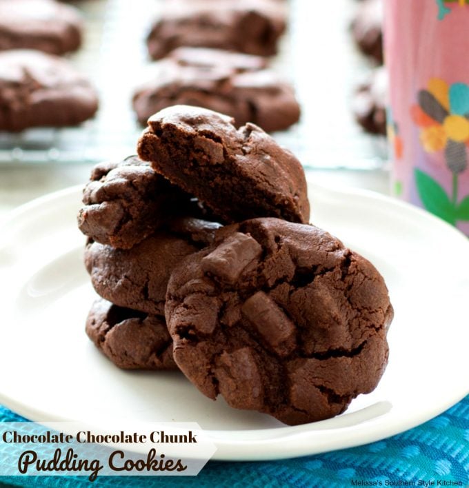 Chocolate Chocolate Chunk Pudding Cookies on a plate
