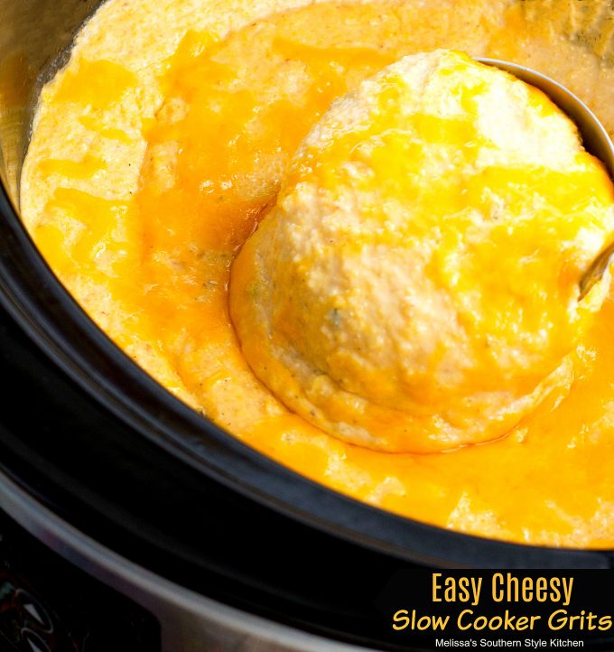 fully cooked cheesy grits in a crockpot 