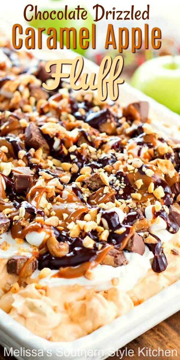 No cooking is required to make this Outrageous Chocolate Drizzled Caramel Apple Fluff #caramelapples #fluff #fluffrecipes #snickersbars #candybar #caramelpudding #apples #bbqdesserts #easyrecipes #southernfood #southernrecipes #chocolate #desserts #dessertfoodrecipes via @melissasssk