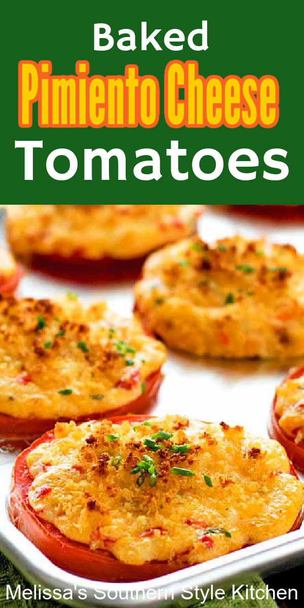 Topped with homemade pimiento cheese takes these Baked Pimiento Cheese Tomatoes are next level in flavor. Enjoy them as a side dish, on a burger and beyond #bakedtomatoes #pimientocheese #southernpimentocheese #tomatorecipes #cheesy #sidedishrecipes #appetizers #southernfood #southernrecipes #dinnerideas #dinner