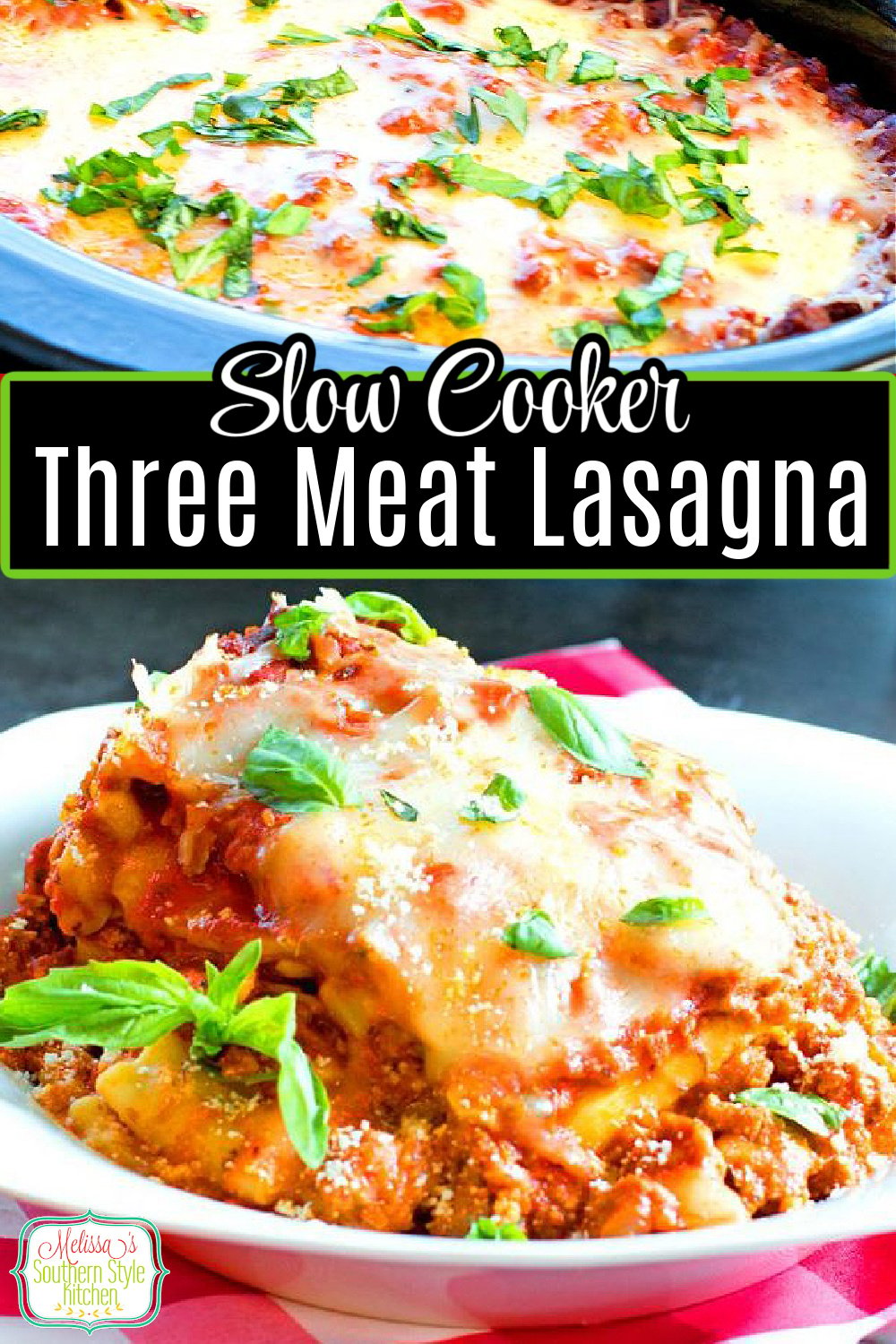 Simmer this rich and flavorful lasagna in your slow cooker all day long and enjoy Italian night at home #lasagna #crockpotlasagna #slowcookerrecipes #threemeatlasagna #pasta #dinnerideas #southernfood #southernrecipes #melissassouthernstylekitchen via @melissasssk