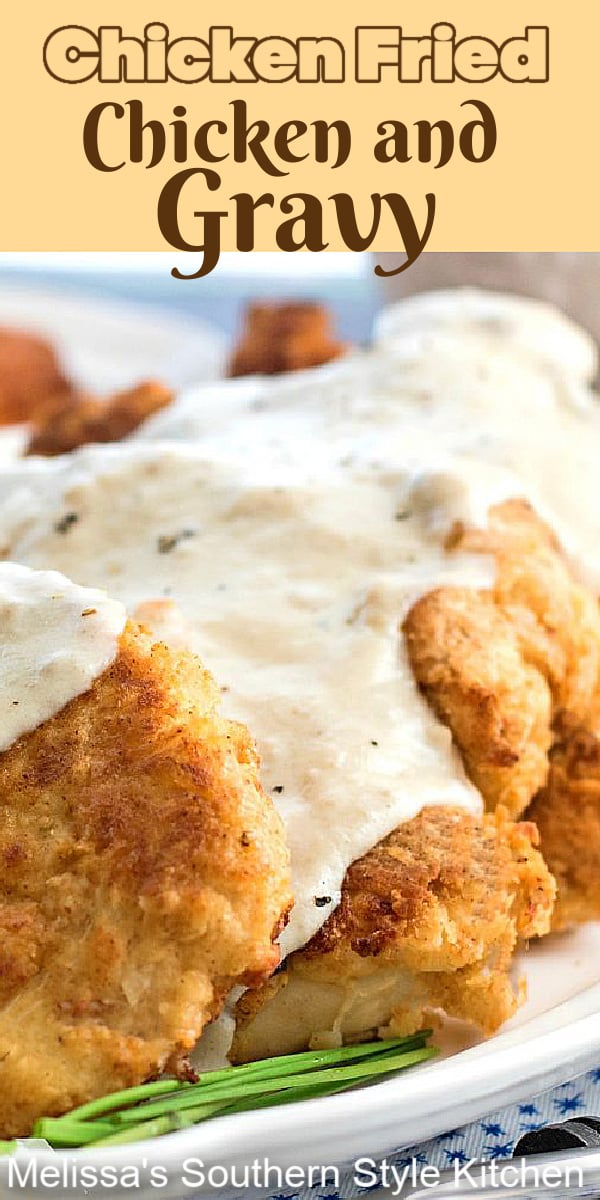 Boneless chicken breasts are the star of this recipe for Chicken Fried Chicken drizzled with pan gravy #chicken #friedchicken #southernfriedchicken #chickenandgravy #Southernrecipes #bestffriedchicken #dinnerideas #dinner #skilletfriedchicken #gravyrecipes