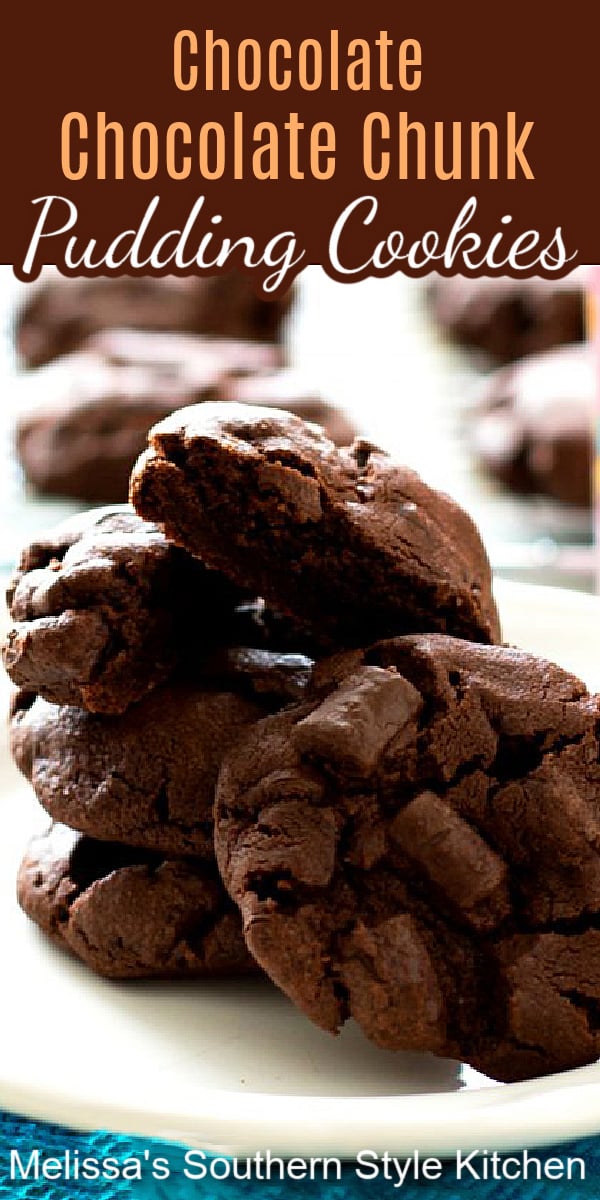 Get your chocolate fix with these double chocolate chunk cookies! #chocolatecookies #chocolatechunkcookies #cookierecipes #chocolatechipcookies #holidays #holidaybaking #desserts #dessertfoodrecipes #southernfood #puddingcookies #christmascookies #holidaydesserts