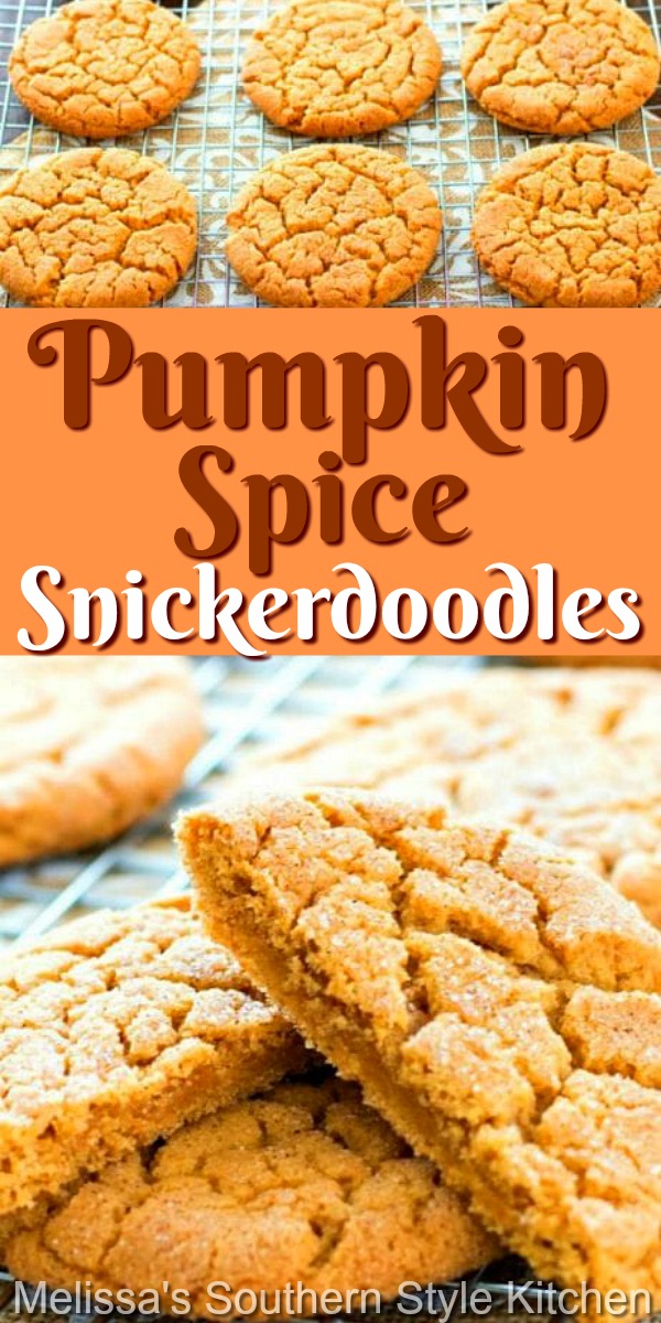 These sweet and spicy seasonal cookies won't last long in your fall cookie jar #snickerdoodles #pumpkinspice #cookies #cookierecipes #holidayrecipes #holidaybaking #pumpkincookies #pumpkinrecipes #fallbaking #desserts #cookieswap #christmascookies #southernfood