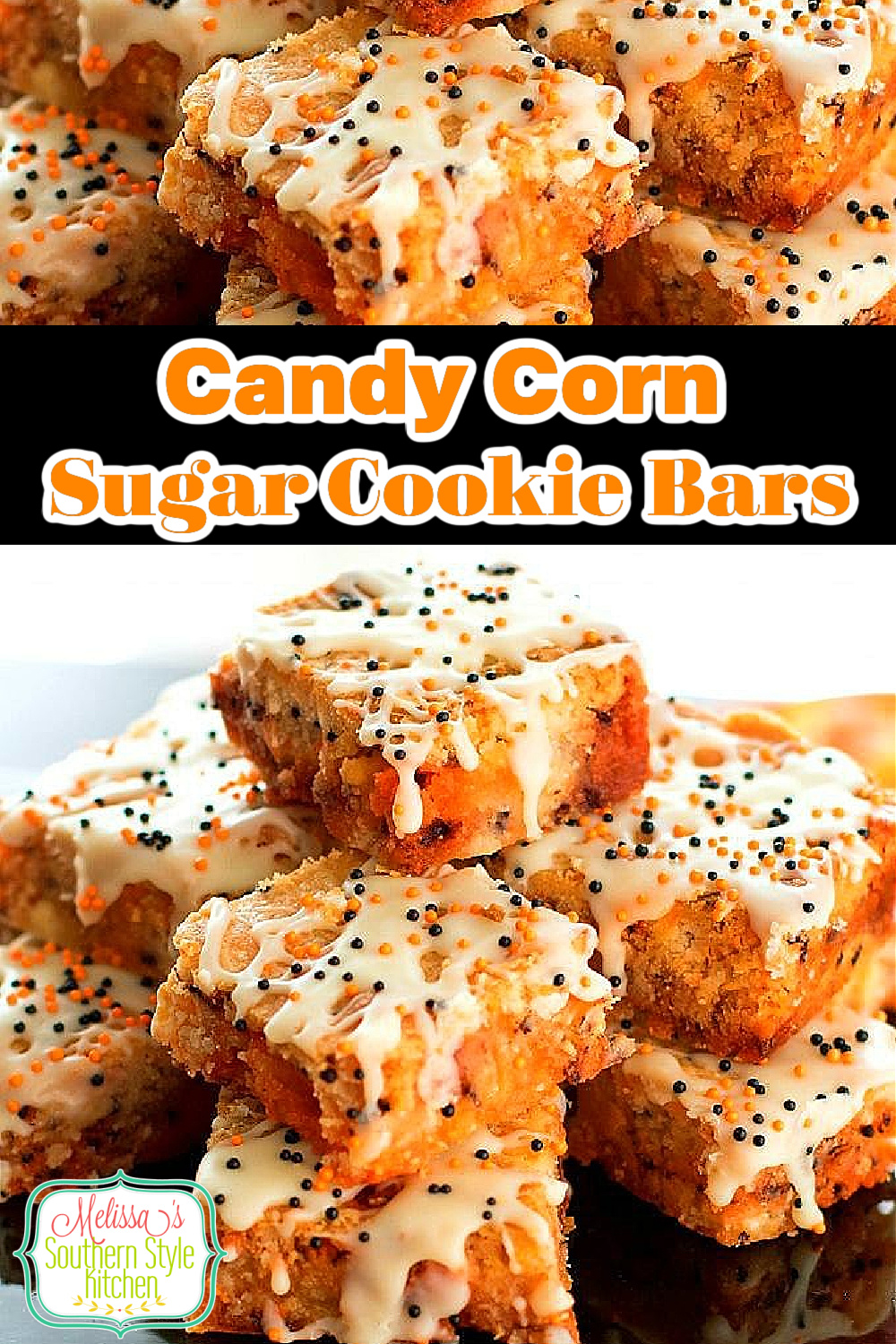 Kids of all ages love these rich and chewy Candy Corn Sugar Cookie Bars #sugarcookiebars #candycorncookies #candycornsugarcookiebars #candycorn #dessets #fallbaking #falldesserts #cookies #thanksgivingdessets #southernfood #dessertfoodrecipes #southerndesserts