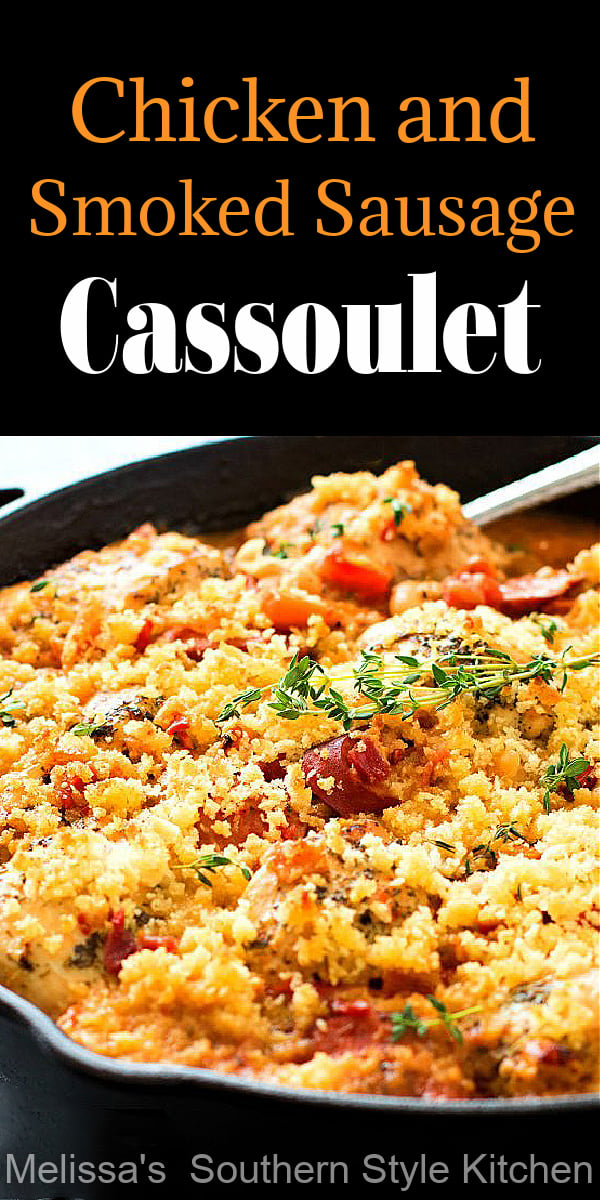 Seasoned chicken breasts and smoked sausages are simmered with fragrant vegetables then baked until the topping is crispy and golden #chickencassoulet #chickencasserolerecipes #chickenbreastrecipes #skilletmeals #southernfood #southernrecipes #food #recipes #dinnerideas #smokedsausages