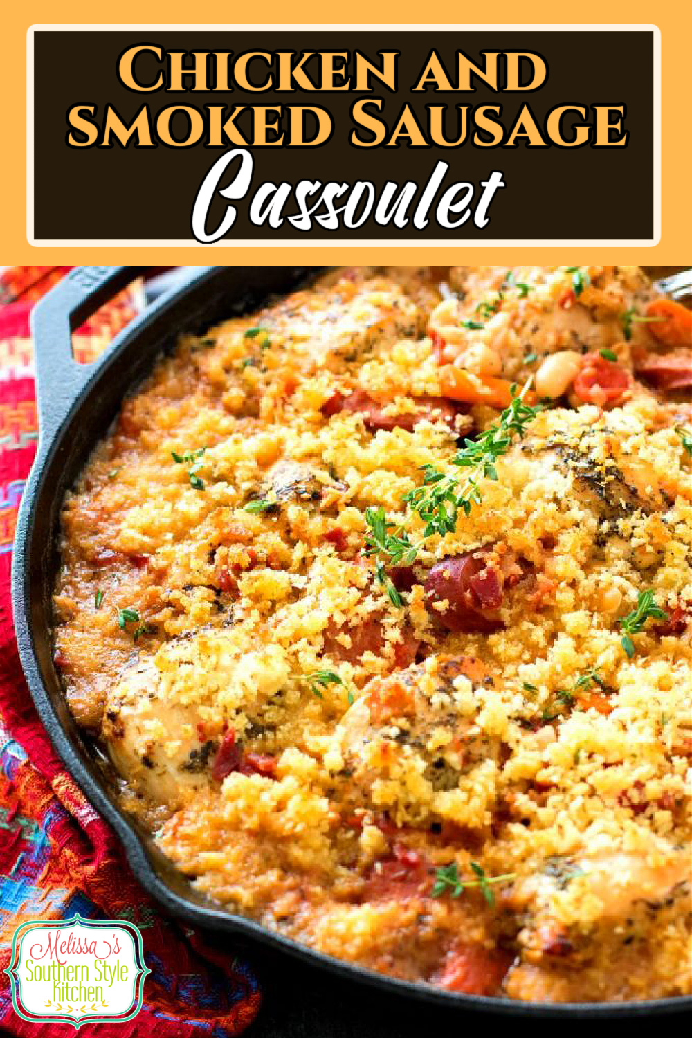 Seasoned chicken breasts and smoked sausages are simmered with fragrant vegetables then baked until the topping is crispy and golden #chickencassoulet #chickencasserolerecipes #chickenbreastrecipes #skilletmeals #southernfood #southernrecipes #food #recipes #dinnerideas #smokedsausages via @melissasssk