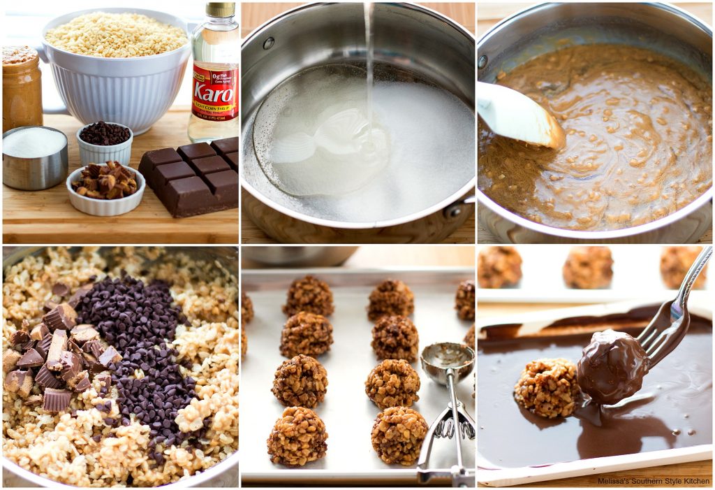 Step-by-step preparation images and ingredients for Scotcheroo Bon Bons