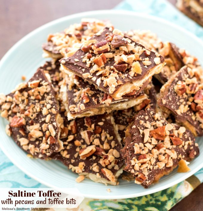 Saltine Toffee with Pecans and Toffee Bits on a platter