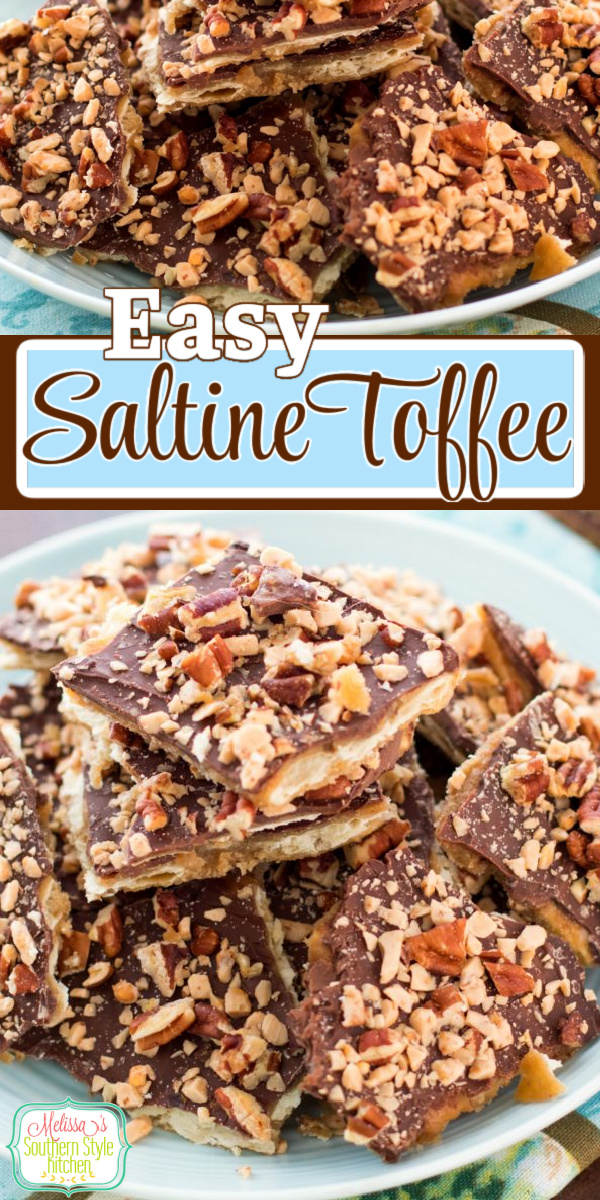 This buttery Saltine Toffee with Pecans and Toffee Bits features crackers smothered with homemade toffee then topped with melted chocolate. #crackertoffee #christmascrack #saltinetoffee #toffee #chocolate #christmascandy #chrismtassrecipes #desserts #dessertfoodrecipes #toffeerecipes via @melissasssk