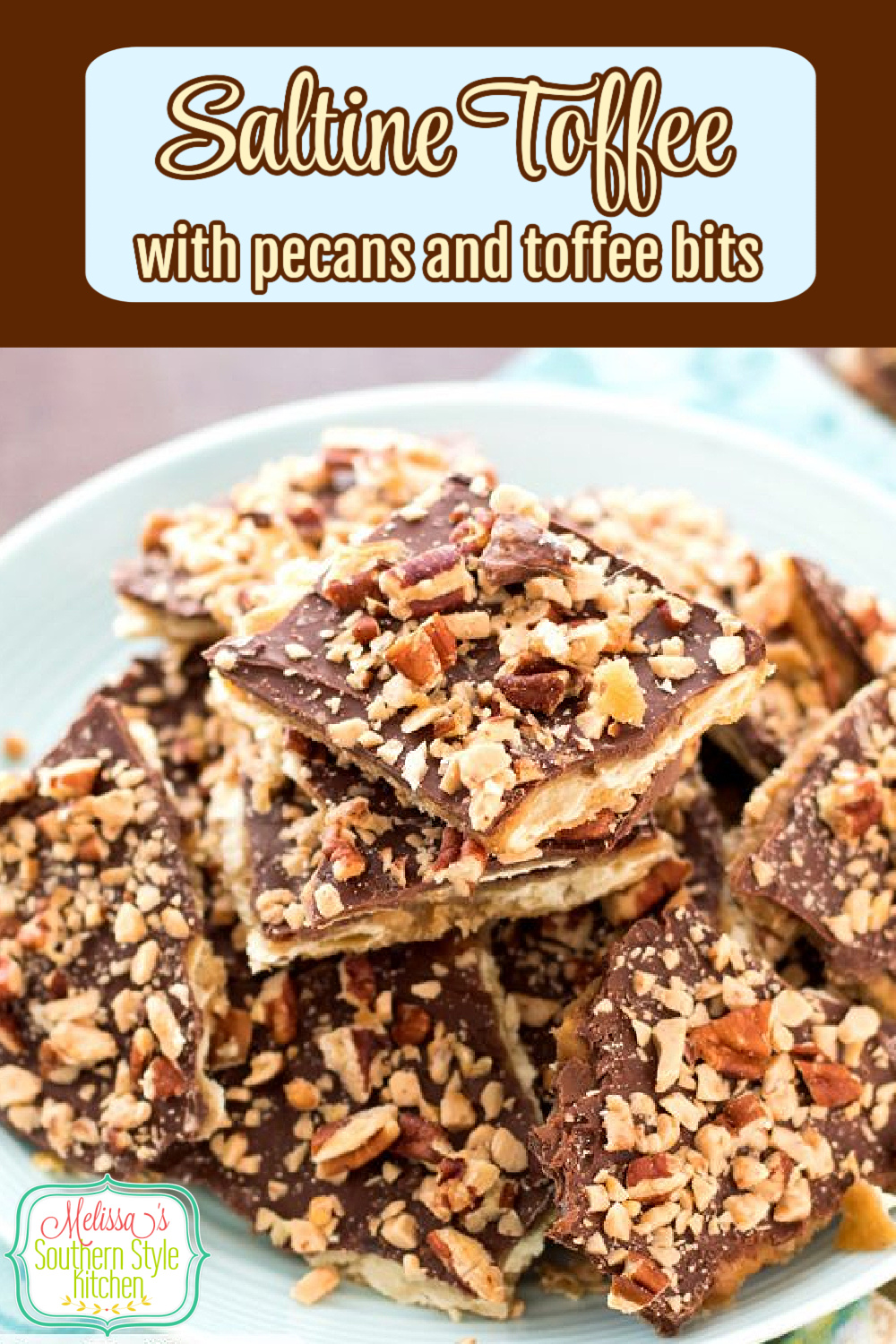 This buttery Saltine Toffee with Pecans and Toffee Bits features crackers smothered with homemade toffee then topped with melted chocolate. It's positively addictive! #crackertoffee #christmascrack #saltinetoffee #toffee #chocolate #christmascandy #chrismtassrecipes #desserts #dessertfoodrecipes #toffeerecipes