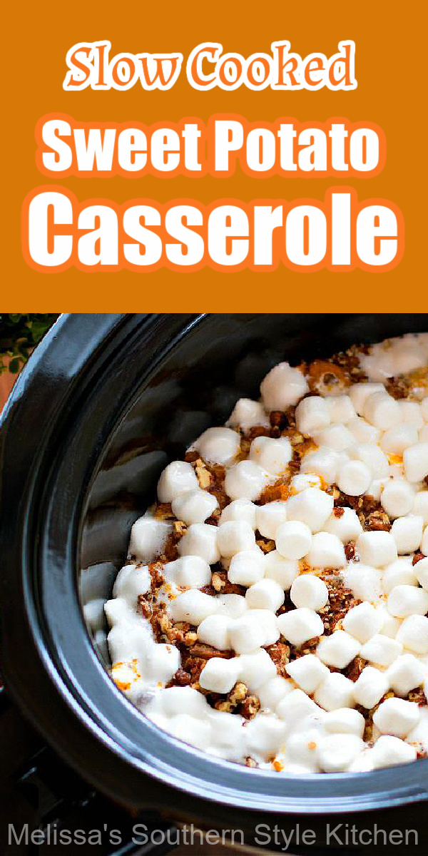 Free-up oven space and make this insanely delicious Sweet Potato Casserole in your slow cooker! #sweetpotatocasserole #sweetpotatoes #crockpotrecipes #slowcookedsweetpotatocasserole #casserolerecipes #thanksgivingrecipes #potatorecipes #southernfood #southernrecipes #holidaysidedishes