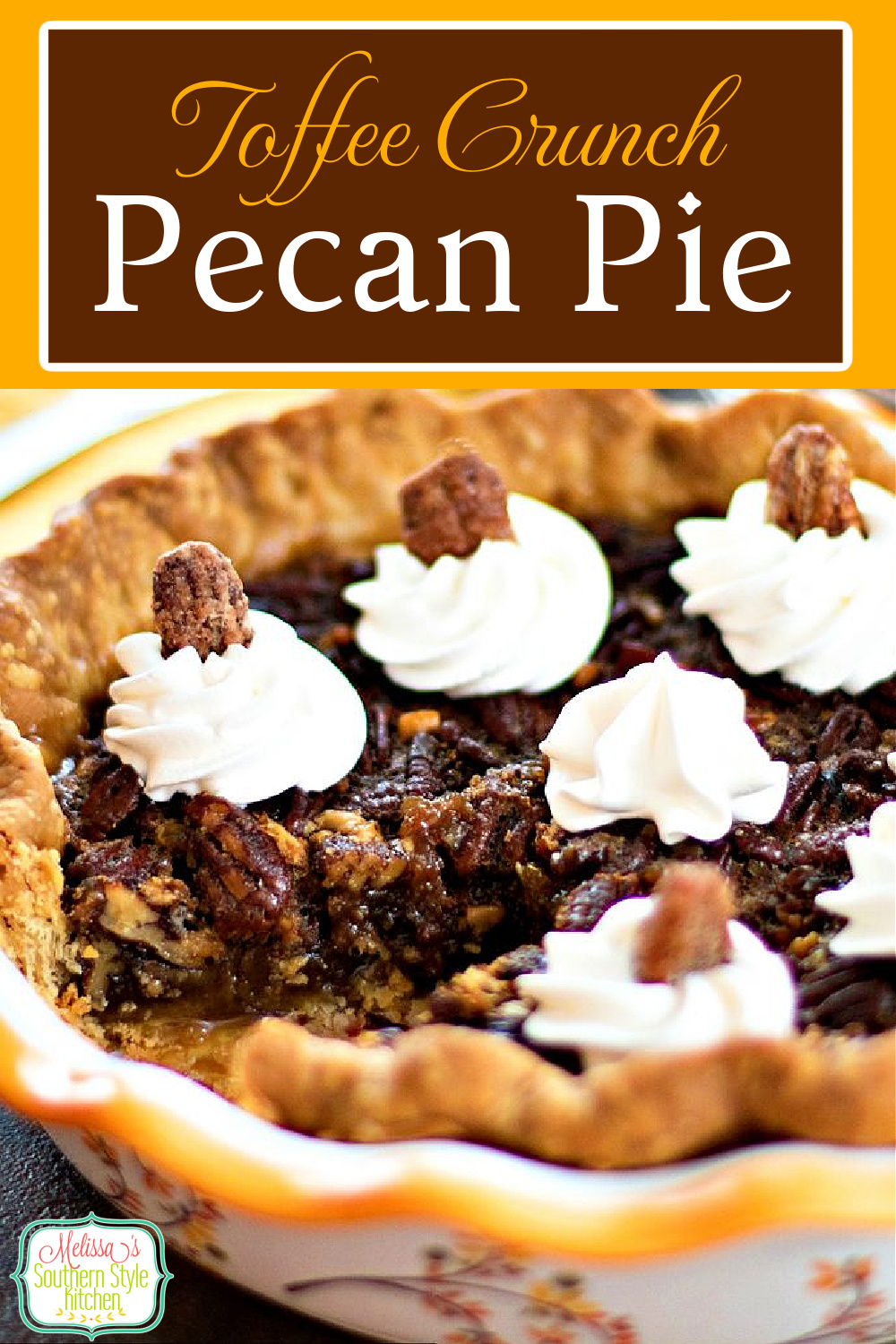 This Toffee Crunch Pecan Pie with Chantilly Cream is a tasty twist on classic Southern pecan pie #pecanpierecipes #pecanpie #toffeecrunchpie #toffeepecanpie #pies #thanksgivingpierecipes #desserts #pecans #holidayrecipes #pie #pecanrecipes via @melissasssk