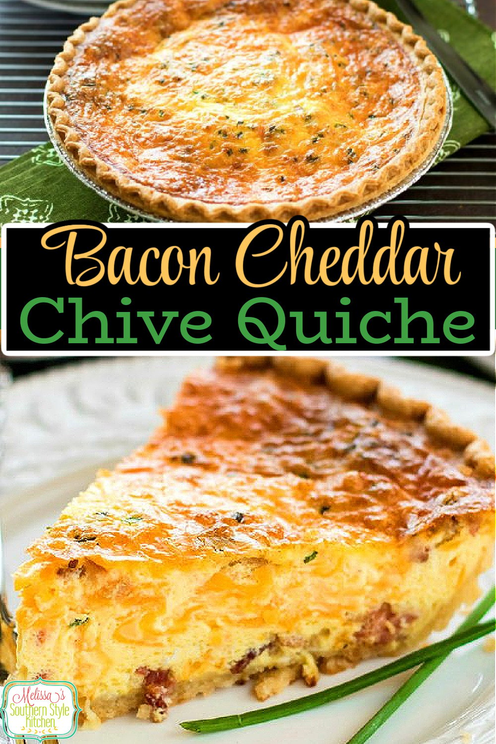 This simple Cheddar Bacon Chive Quiche makes a delicious entree for breakfast, brunch or brinner #baconquiche #bestquicherecipes #baconcheddarchivequiche #eggrecipes #edggs #brunch #breakfast #holidaybrunch #lunch #teatime #southernfood #southernrecipes #christmasbrunch #eaterbrunch #thanksgivingbrunch via @melissasssk