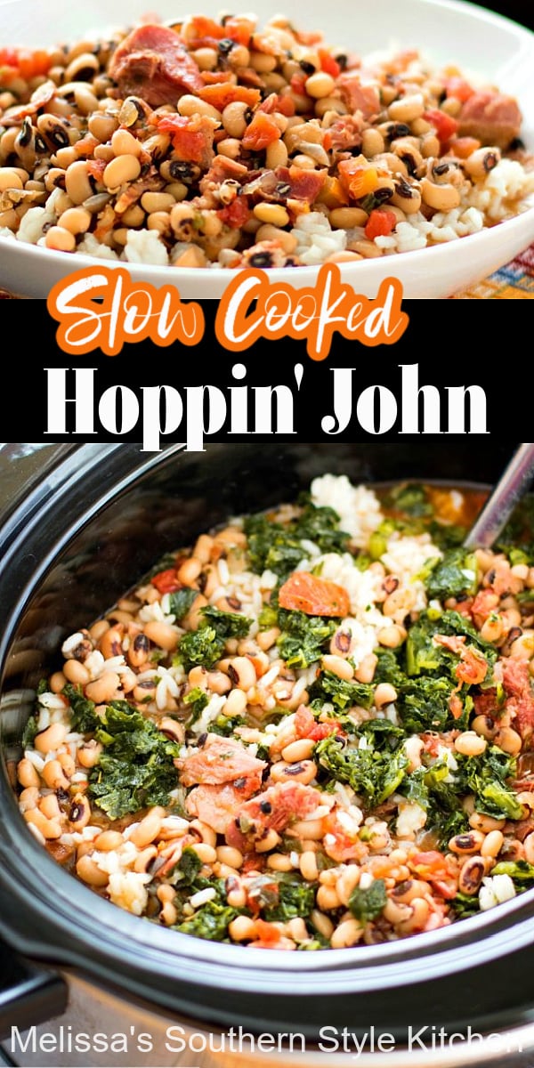 A New Year's Day tradition made in a slow cooker #slowcookedhoppinjohn #hoppinjohn #crockpothoppinjohn #blackeyedpeas #newyearsday #southernfood #southernrecipes #collardgreens #ricerecipes