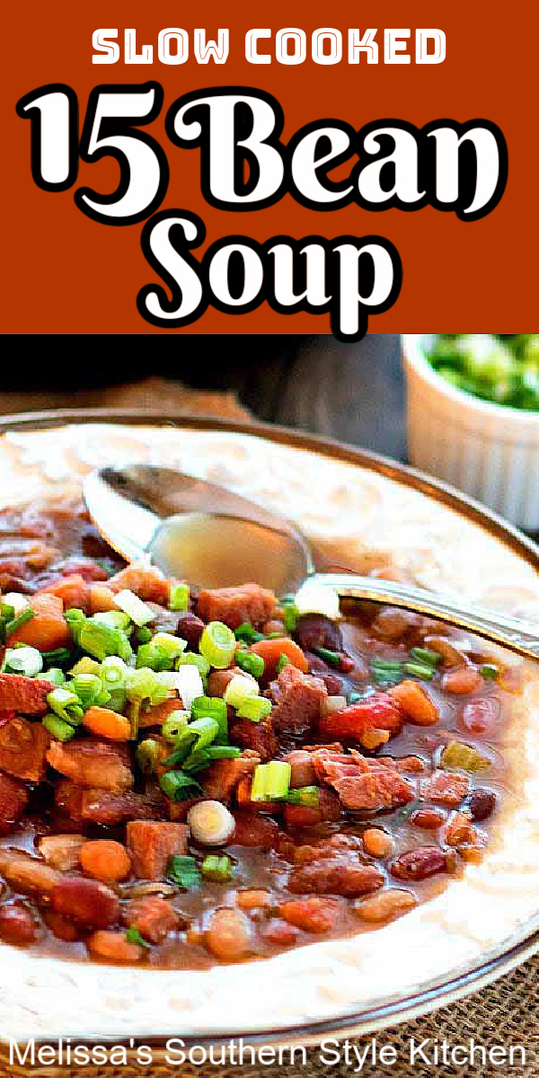 Serve this Slow Cooked Ham and 15 Bean Soup ladled over a piece of buttered cornbread for a hearty meal that won't break the bank #beansoup #15beansoup #souprecipes #ham #beansoupwithham #beans #hurstbeans #soup via @melissasssk