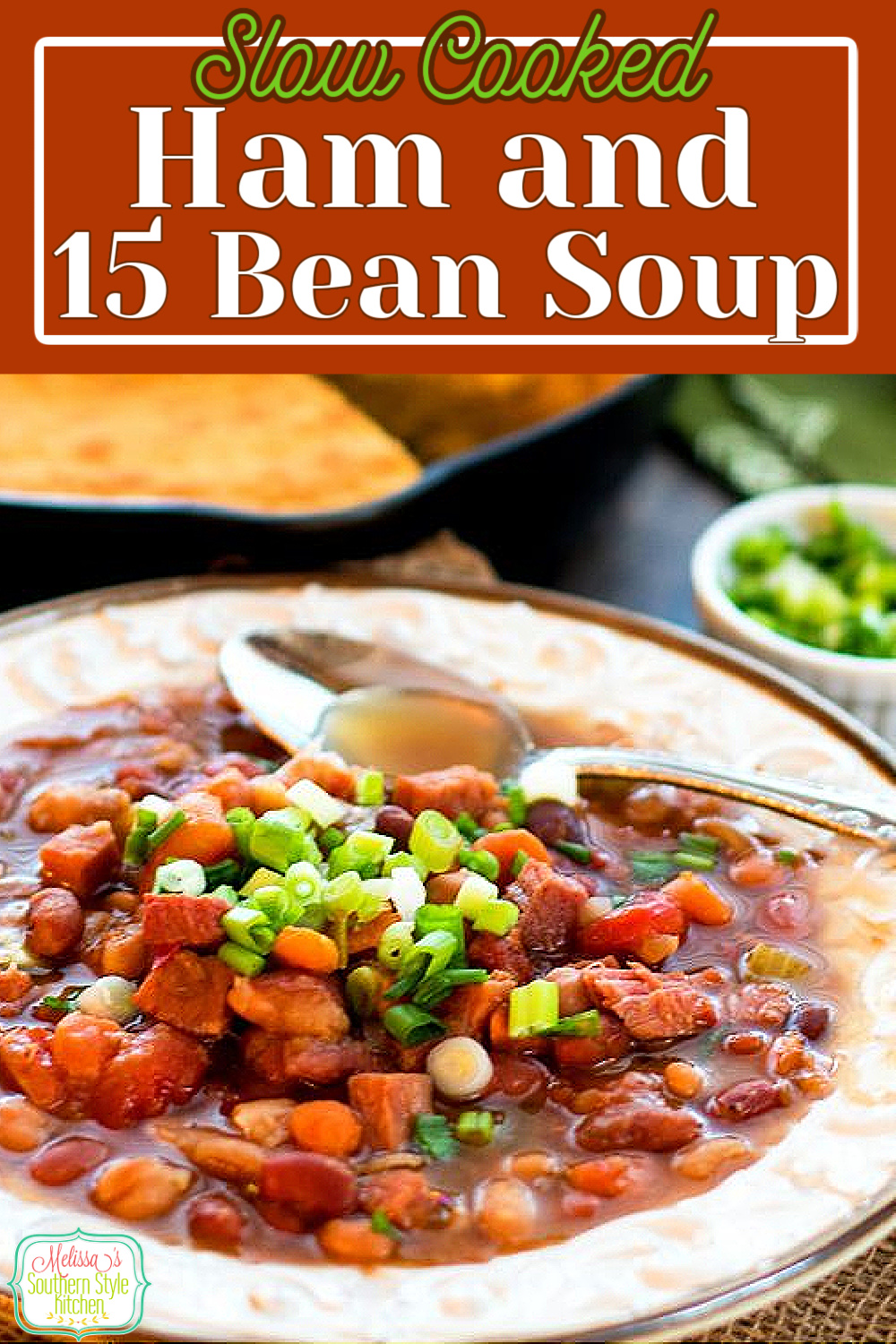 Serve this Slow Cooked Ham and 15 Bean Soup ladled over a piece of buttered cornbread for a hearty meal that won't break the bank #beansoup #15beansoup #souprecipes #ham #beansoupwithham #beans #hurstbeans #soup via @melissasssk
