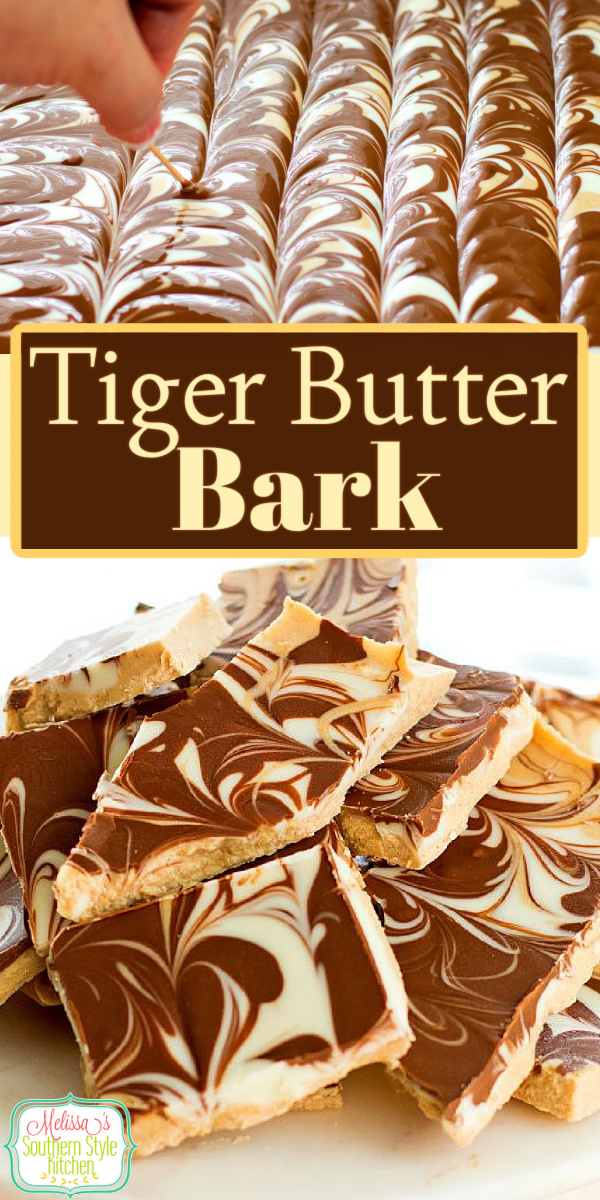 You can make a batch of this tricolor Tiger Butter Bark in no time flat! #tigerbutter #tigerbutterbark #whitechocolate #peanutbutter #chocolate #candy #christmacandy #candyrecipes #christmasrecipes #holidayrecipes #southernfood #southernrecipes via @melissasssk