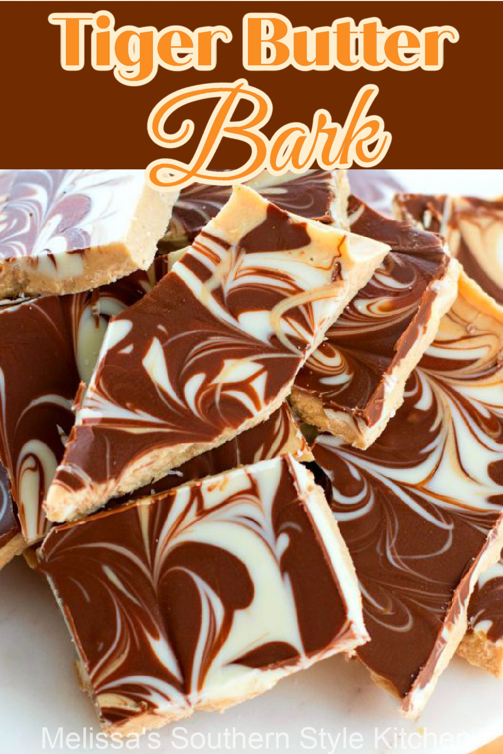 You can make a batch of this tricolor Tiger Butter Bark in no time flat! #tigerbutter #tigerbutterbark #whitechocolate #peanutbutter #chocolate #candy #christmacandy #candyrecipes #christmasrecipes #holidayrecipes #southernfood #southernrecipes via @melissasssk