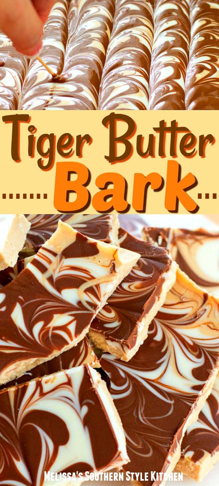 You can make a batch of this tricolor Tiger Butter Bark in no time flat! #tigerbutter #tigerbutterbark #whitechocolate #peanutbutter #chocolate #candy #christmacandy #candyrecipes #christmasrecipes #holidayrecipes #southernfood #southernrecipes
