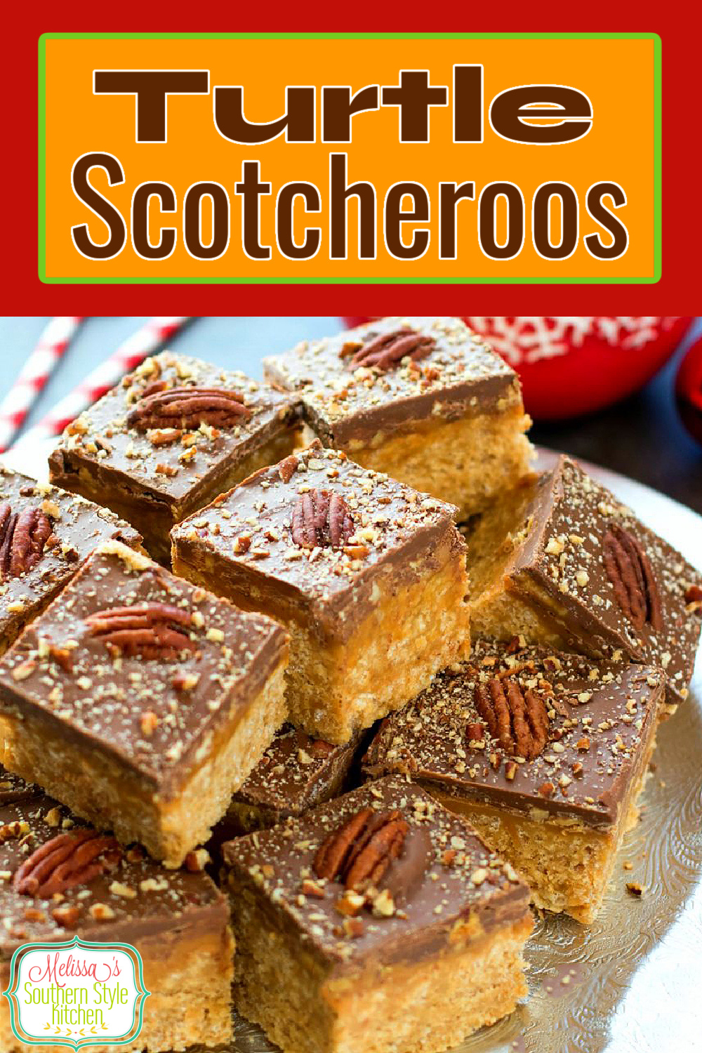 Add these gooey Caramel Pecan Turtle Scotcheroos to your holiday desserts this year #scotcheroos #turtlecandy #caramel #turtlescotcheroos #caramelsothceroos #nobake #sweets #desserts #dessertfoodrecipes #holidayrecipes #christmasrecipes #christmas #southernfood #southernrecipes via @melissasssk