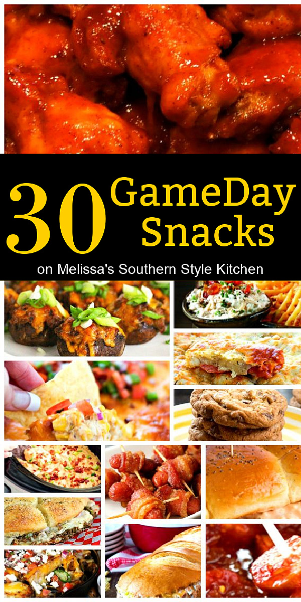 Get your food game on with this collection of 30 Game Day Snacks! #wings #dip #buffalowings #pizza #chocolatwchipcookies #kielbasabites #pigsinablanket #chickenrecipes #cookies #gamedayfood #superbowl via @melissasssk