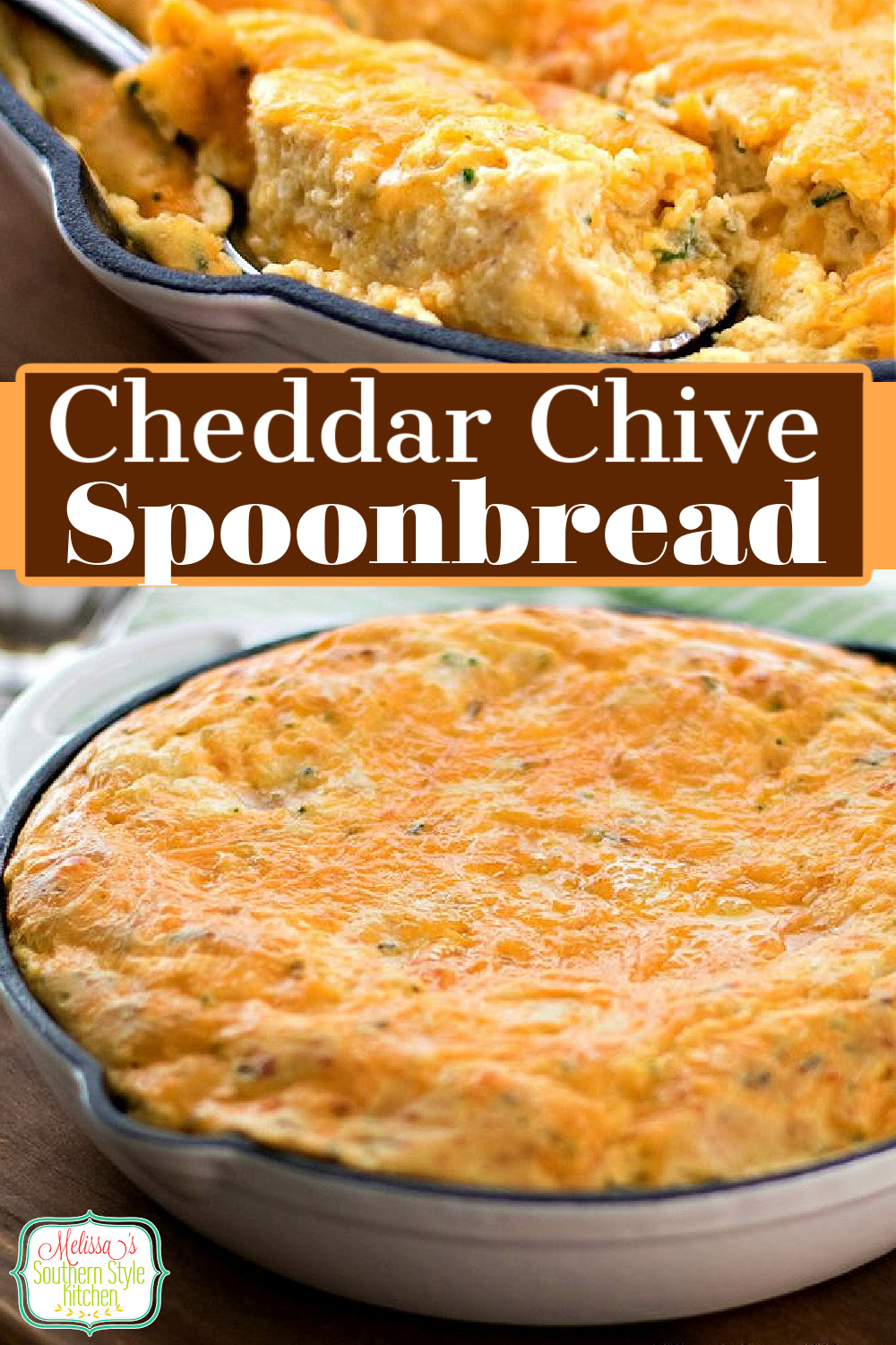 Serve this creamy Cheddar Chive Spoon Bread as a side dish with any meal #spoonbread #cheddarcheese #southernspoonbread #breadrecipes #dinnerideas #sidedishes #southernfood #southernrecipes via @melissasssk