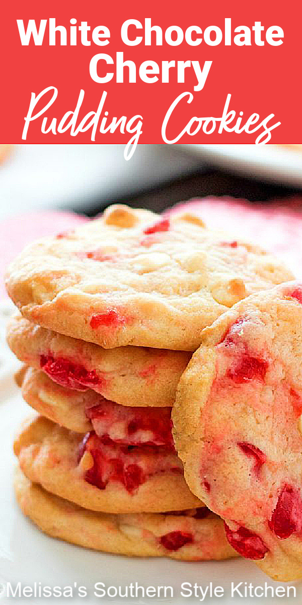 Bake a batch of these irresistible White Chocolate Cherry Pudding Cookies #whitechocolate #cookies #cherrycookioes #maraschinocookies #holidaybaking #desserts #dessertfoodrecipes #southernfood #southernrecipes #cherries