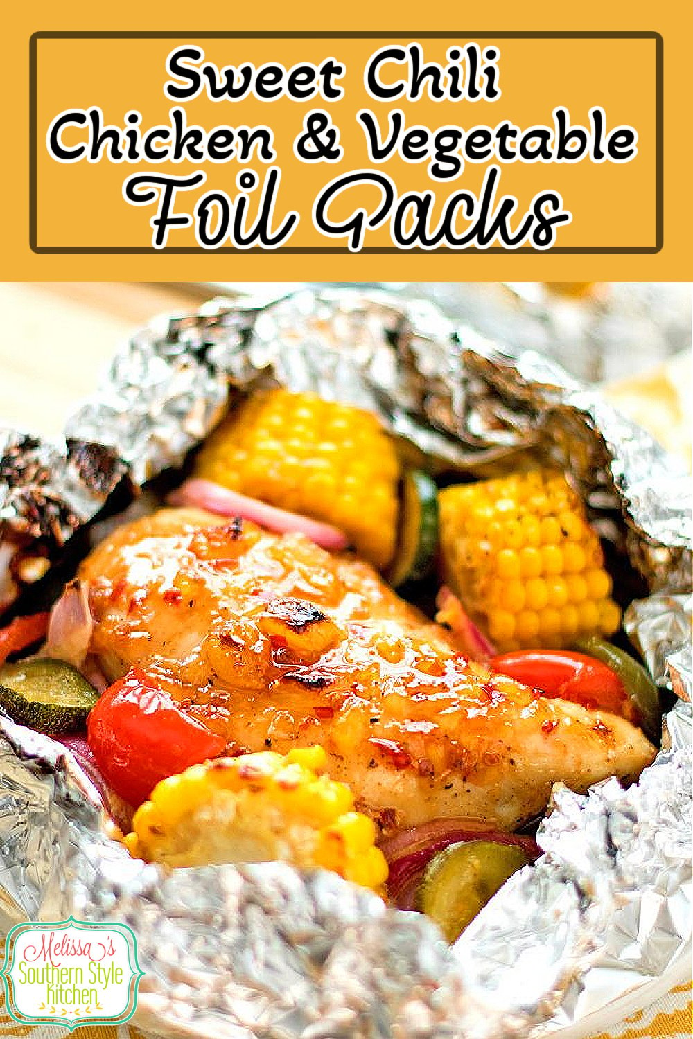 Make this sweet and spicy chicken foil packs for an all-in-one meal with easy clean-up, too! #chickenrecipes #chickenbreastrecipes #healthyfood #dinnerideas #foilpacks #campfiremeals #chicken #chili #southernfood #southernrecipes