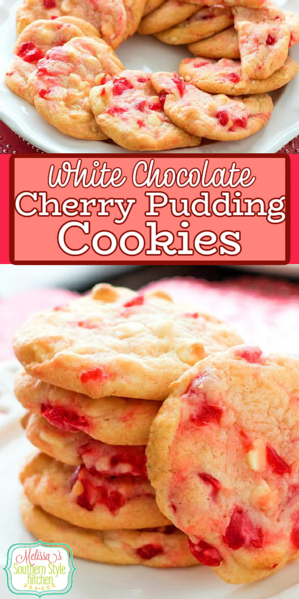 Bake a batch of these irresistible White Chocolate Cherry Pudding Cookies #whitechocolate #cookies #cherrycookioes #maraschinocookies #holidaybaking #desserts #dessertfoodrecipes #southernfood #southernrecipes #cherries via @melissasssk