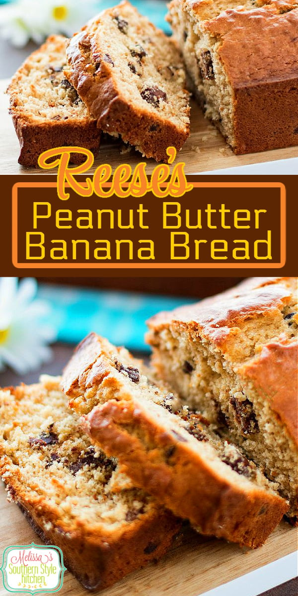 Reese's Peanut Butter Banana Bread is filled with peanut butter cups! #bananabread #peanutbuttercups #reeses #sweet #dessertfoodrecipes #bestbananabread #southernrecipes #southernfood via @melissasssk
